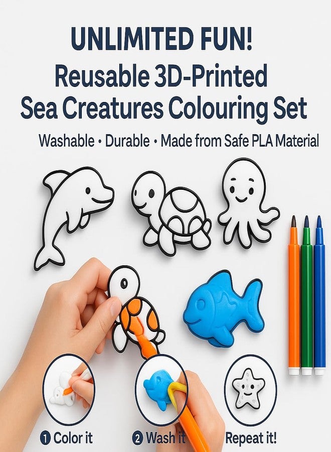 Fun Fry Reusable Coloring Kit for Kids - 12 Sketch Pens | Wipe & Reuse Colouring Sheets | Educational Activity Kit for Age 3-8 | Travel Friendly Learning Toy | Birthday Return Gift for Kids (OCEAN ANIMALS- starfish, octopus, hippo, dolphine, fish, whale) - Image 4